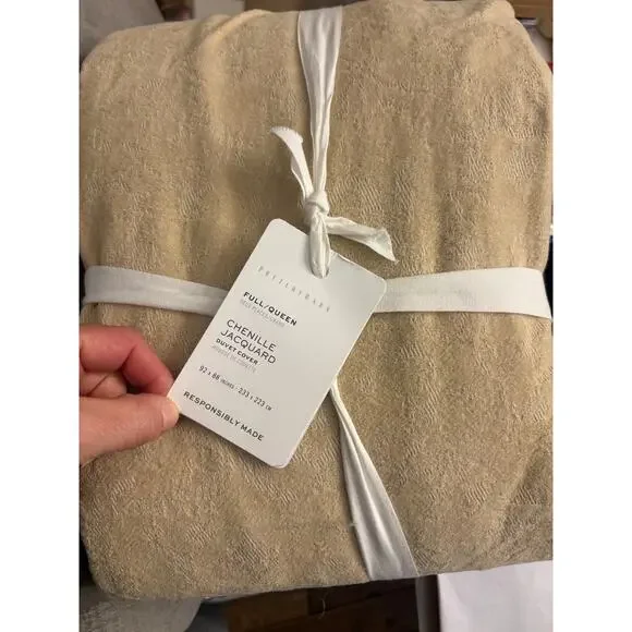 NWT Pottery Barn Chenille Jacquard Tan Beige Straw Duvet Cover Queen Full